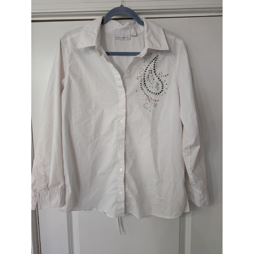 Susan Graver Womens Medium White Button Front Embellished Paisley Blouse Shirt